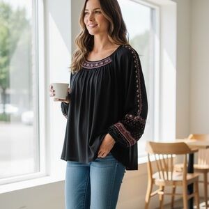 J. Jill Black Peasant Tunic with Burgundy and Cream Embroidery Sz Large